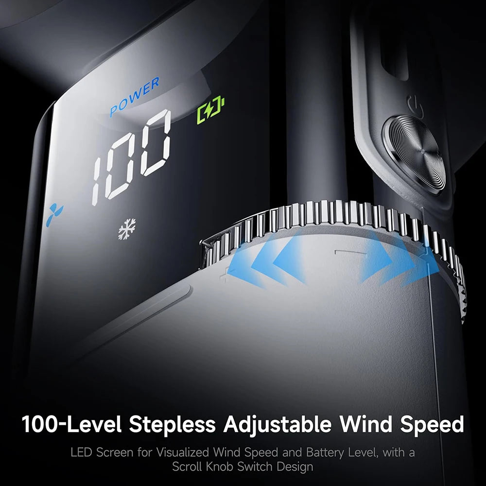 Ultra Portable Semiconductor Fan: 100-speed 11000RPM, Large Battery (charges phones), foldable/hanging. For family, travel, gift