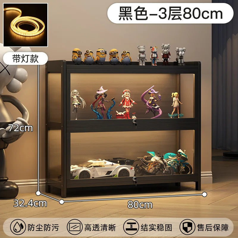 Display Cabinet Acrylic Curio Cabinet with Lock Glass Display Cabinet Natural Bamboo  Glass Cabinet Easy to Install，With Lights