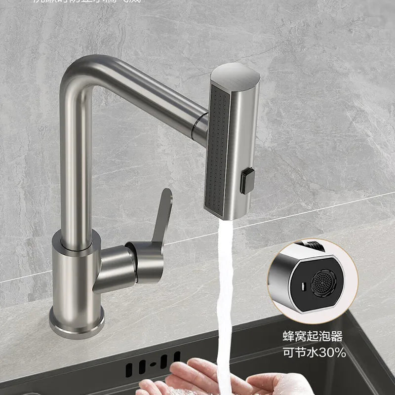Brass Kitchen Faucet Single Hole Pull-Out Spout Kitchen Sink Mixer Faucet Four-bar Water Outlet Mode Cold and Hot Mixer Faucet