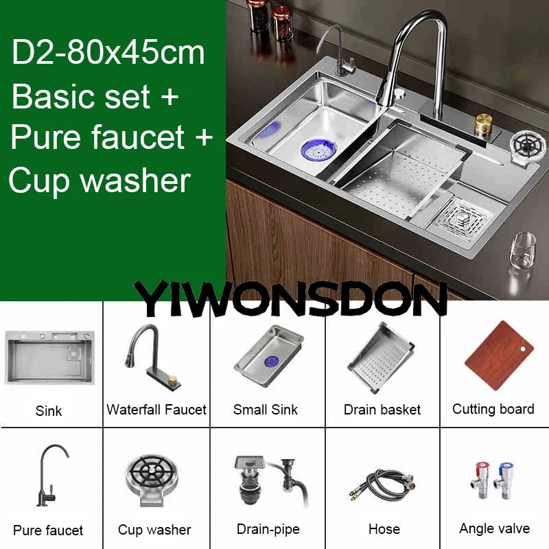 Multifunction Brushed Nano Kitchen Sink Waterfall Faucet Large Single Bowl Cup Washer Pure Tap Soap Dispenser Stainless Steel
