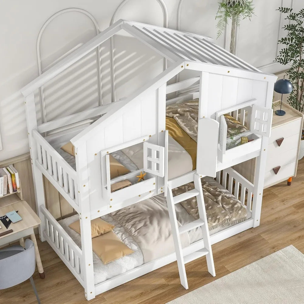 Harper & Bright Designs House Bunk Bed Twin Over Twin Kids Bunk Bed Wood Frame with Roof, Window, Window Box, Door, Safety Guard