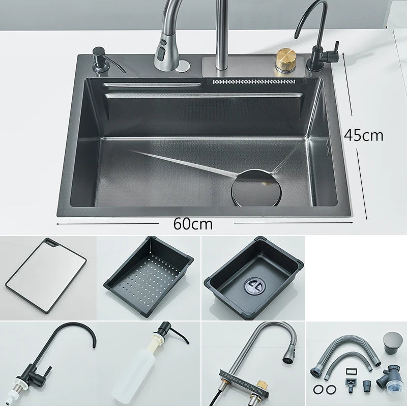 304 Stainless Steel Waterfall Kitchen Sink Large Single Slot Integrated 60X45cm Faucet Set Soap Dispenser Pure Water Tap
