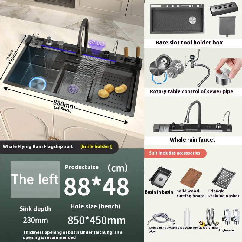 Gloden Stainless Steel Waterfall Kitchen Sink with Faucet Digital Display Multifunctional  Large Single Slot Dishwashing Basins