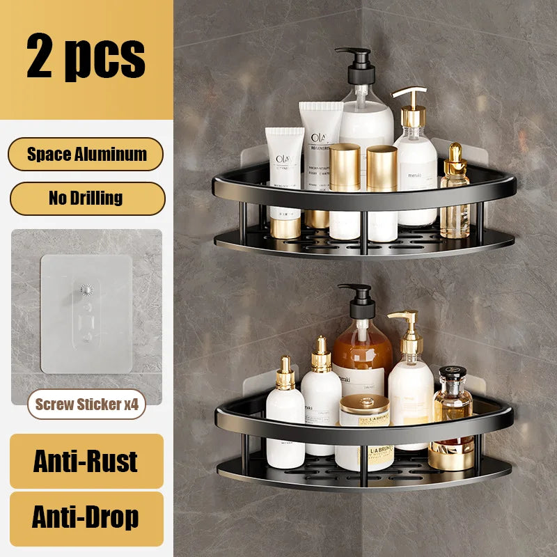 Bathroom Shelves Aluminum Alloy Shower Corner Shelf Shampoo Rack No Drill Kitchen Organizer Wall Shelf Bathroom Accessories