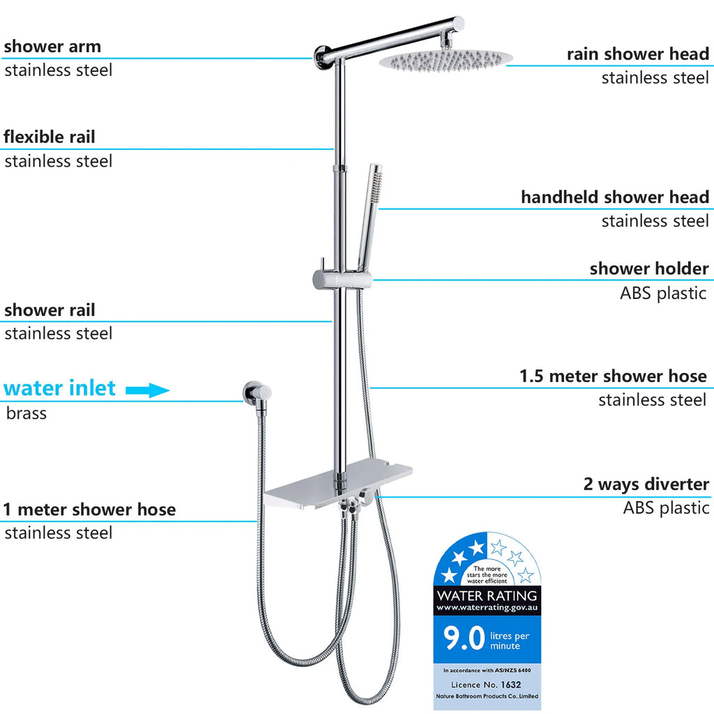 **Sydney Stock** KYLINS 2 In 1 Shower Set Round Chrome 8/10/12'' Rainfall Head Handheld Sliding Rail Diverter DIY WELS WaterMark