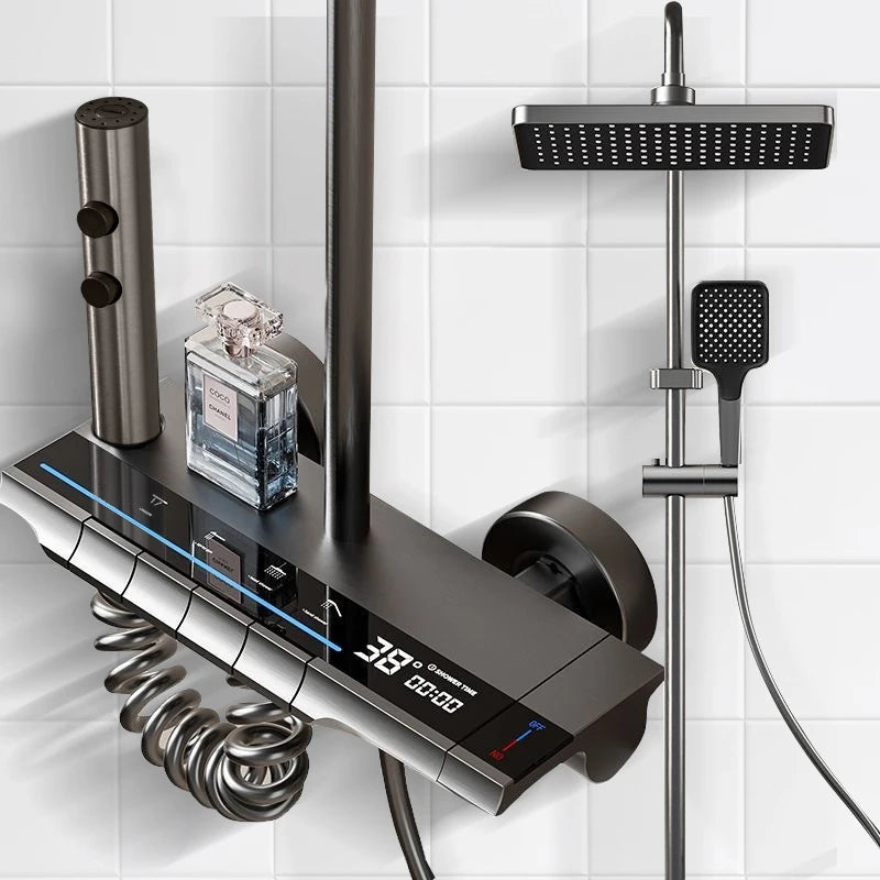 Bathroom Shower System LED Light Shower Head Set Brass Mirror Thermostatic Bathtub Faucet Digital Display Hot & Cold Showers