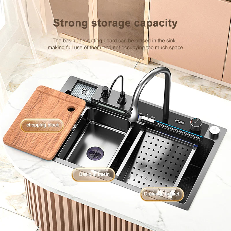 Stainless Steel Waterfall Kitchen Sink Large Single Slot With Digital Display Faucet Apartment Multifunctional Wash Basin