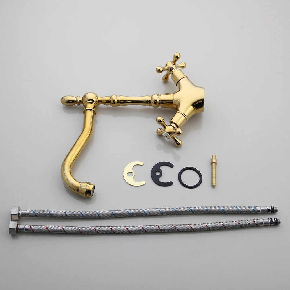 KEMAIDI Gold Bathroom Sink Faucet Brass Single Hole Deck Mounted Faucets 360 Swivel Dual Handle Mixer Tap Antique Brass
