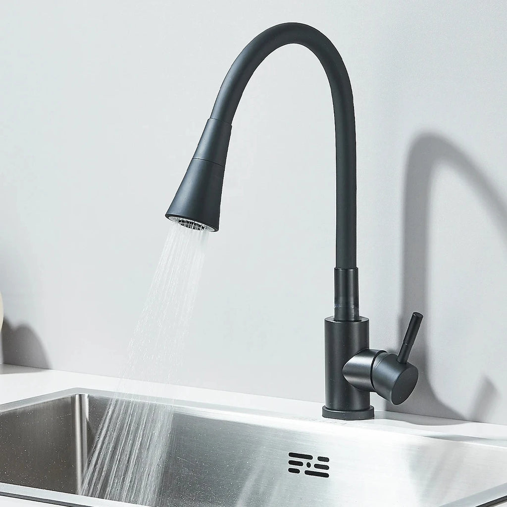 Kitchen Sink Faucet Matte Black 2 Modes Flexible Pipe Hot and Cold Water Mixing Tap Single Handle Free Rotation Tap