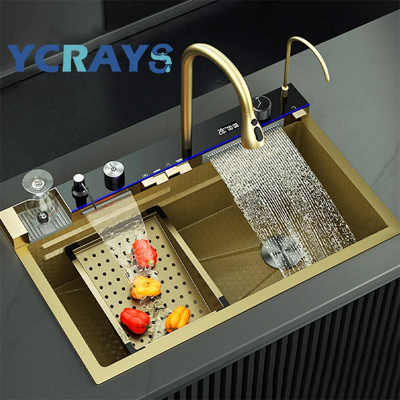 YCRAYS White Nano Kitchen Sink Large Single Slot Waterfall Integrated Digital Display Faucet Soap Dispenser Cup Washer Pure Tap