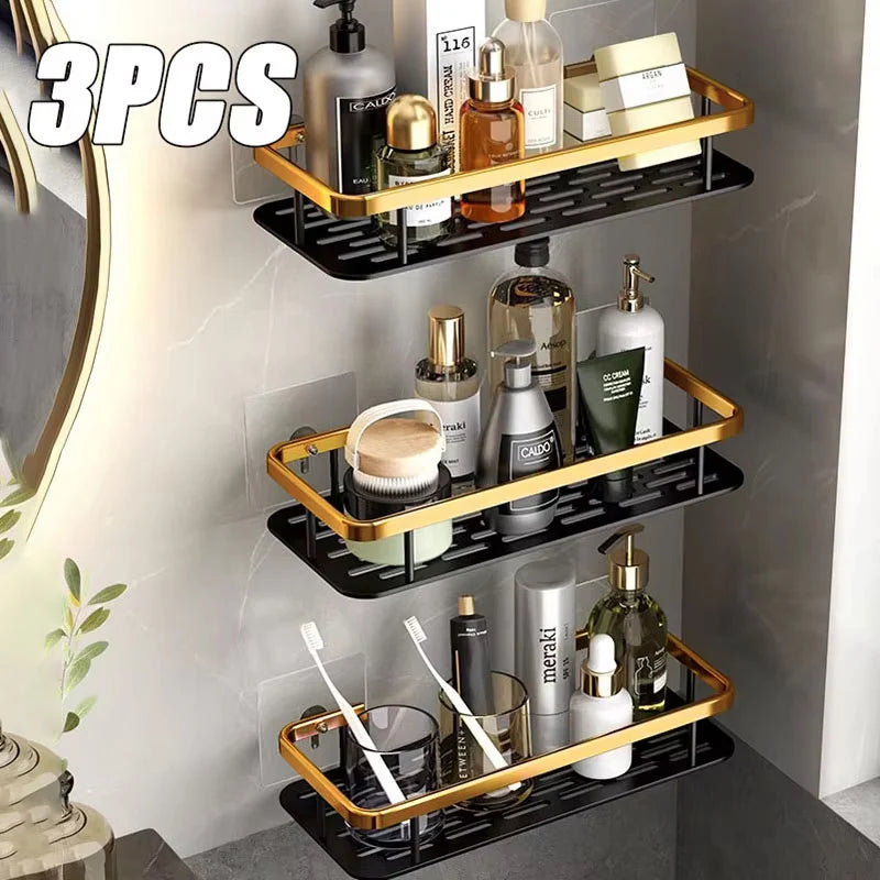 Bathroom Shelves Wall Mounted No Drill Space Aluminum Shower Corner Caddy Storage Shelf  Kitchen Organizer Rack Floating Shelf