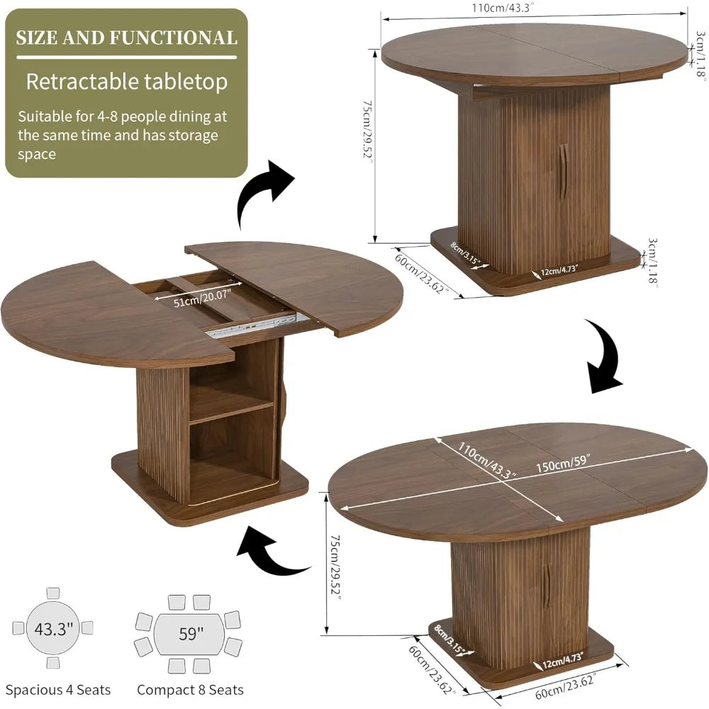 Extendable Round Dining Table for 4-6-8, 59 Inch Dining Room Kitchen Table with Storage, Fluted Wood Slide Door, Modern Oval