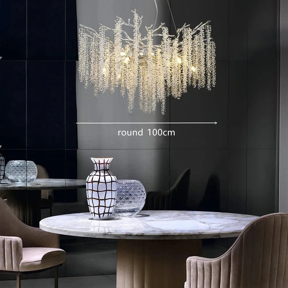 Aluminum Chrome Chandelier Crystal Tassel Designer Lamp Dining Room Light Fixture Home Decor Tree Branch Led Lighting Round