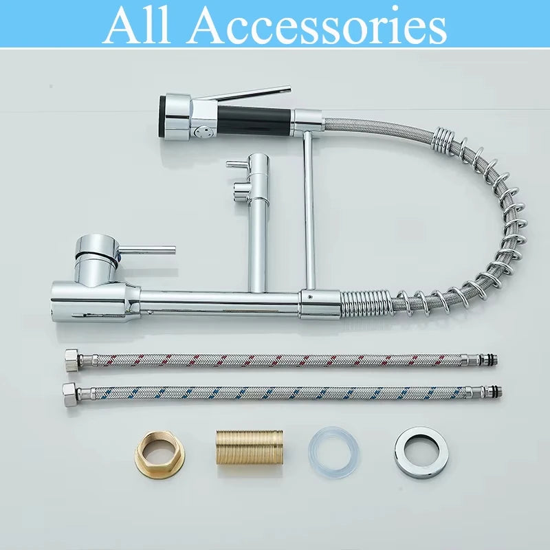 Black/Silver Kitchen Faucet with Pull-Down Sprayer, Deck Mount Hot and Cold Water Mixer Faucet, Dual Spout Faucet, Crane