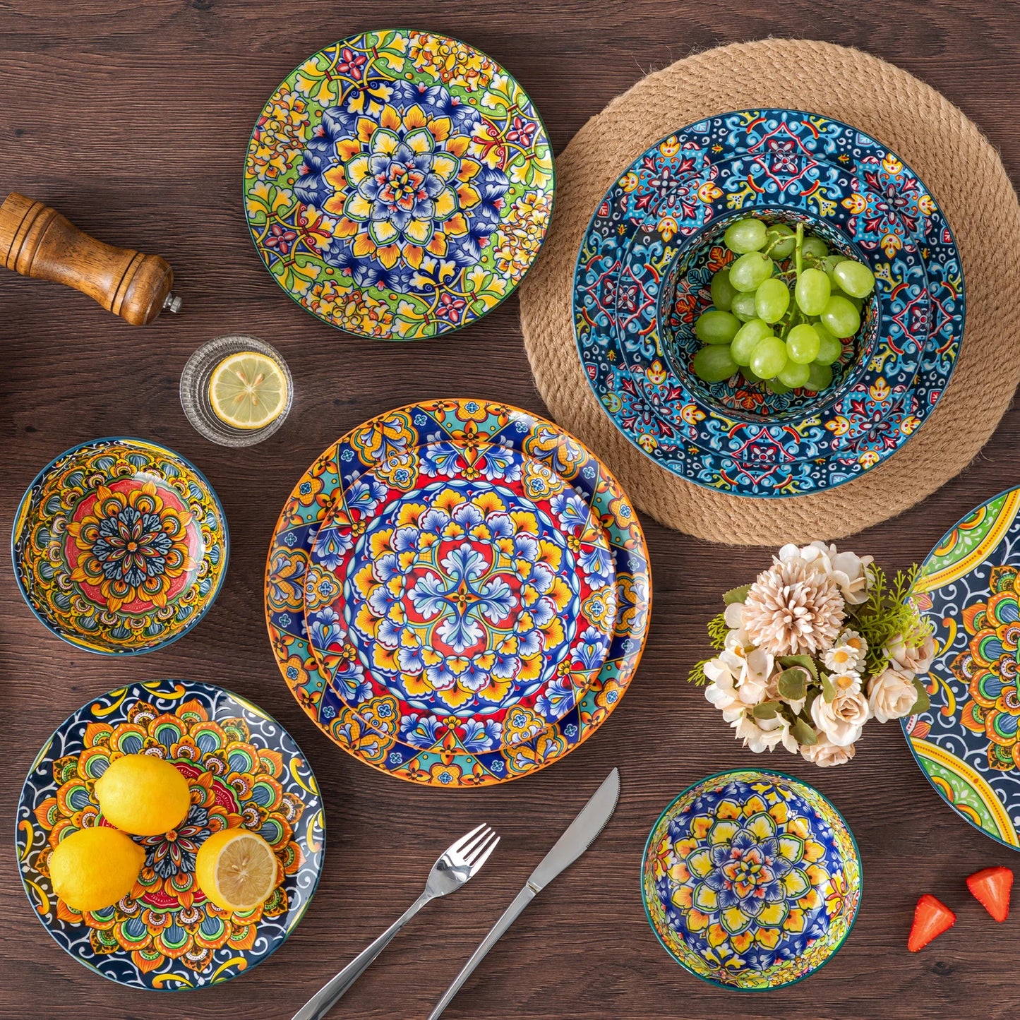vancasso 12 Piece Ceramic Dinner Plate Double sided Painting Bohemian Style Dinnerware Set with 4PCS Dinner Plate/Dessert/Bowl