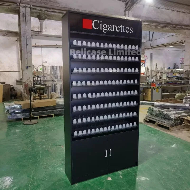 custom，Smoke Shop Fittings Cigarettes Shelves Tobacco Display Stand with Storage Cabinet Led Lighting Tobacco Store Ra