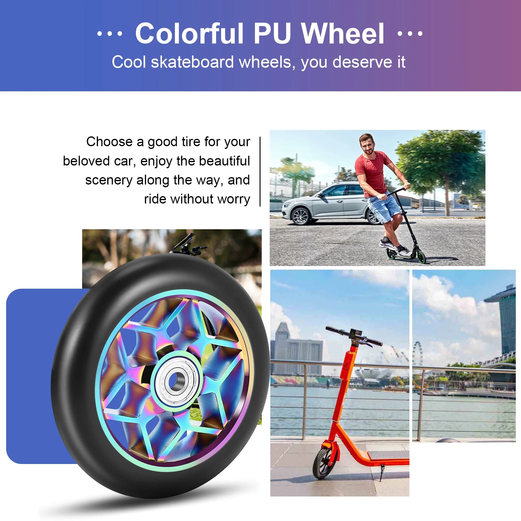 Trendy! 2 Pcs Scooter Accessories 110mm Scooter Wheels Colorful Pu Wheels Thick Stunt Car Wheels with Bearings(Black)