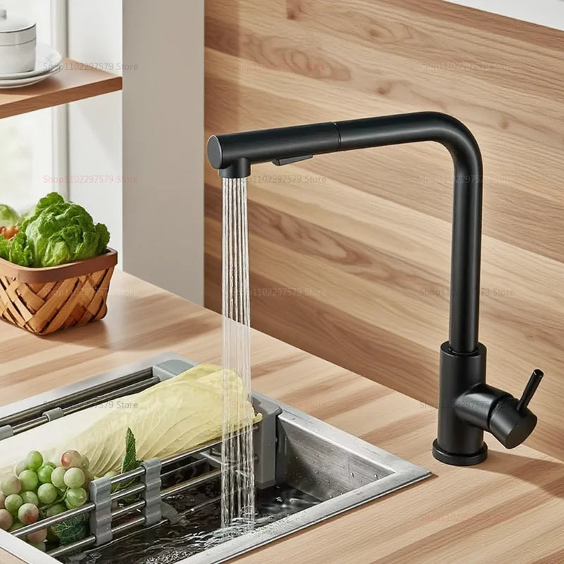 Upgraded Black Silver Pull-Out Telescopic Rotary Kitchen Faucet Stainless Steel Hot Cold Dual Mode Easy Install Water Outlet