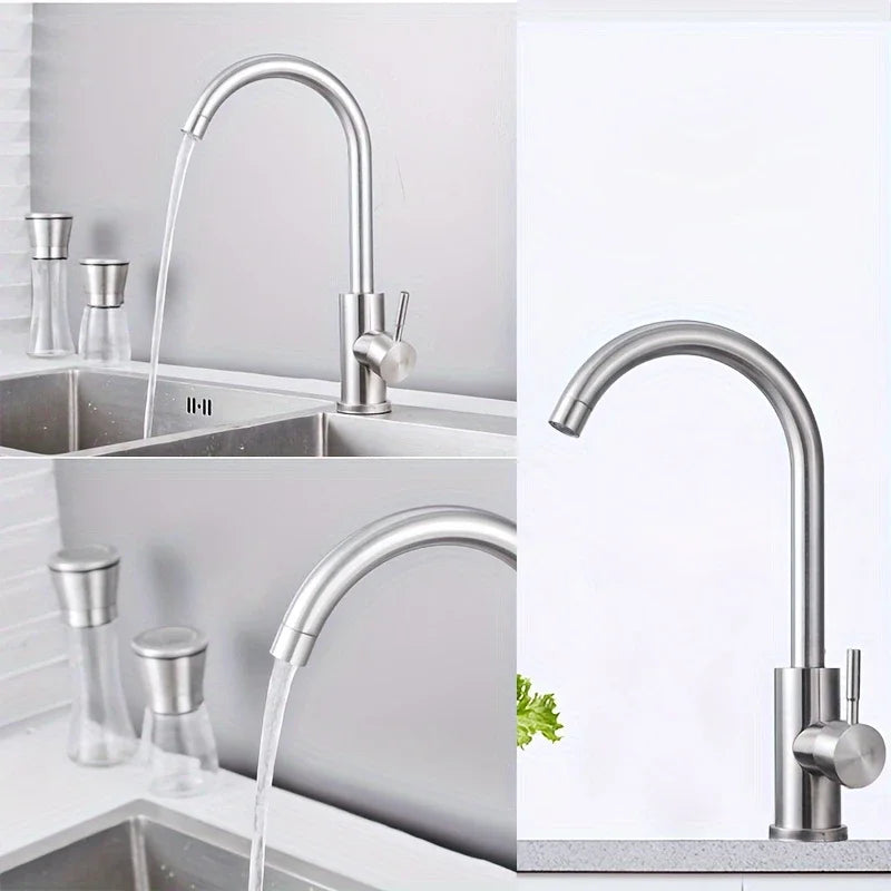 [Stainless Steel Faucet] 360° Rotatable Stainless Steel Kitchen Sink Faucet | Dual-Control Hot and Cold Water, Brushed Finish