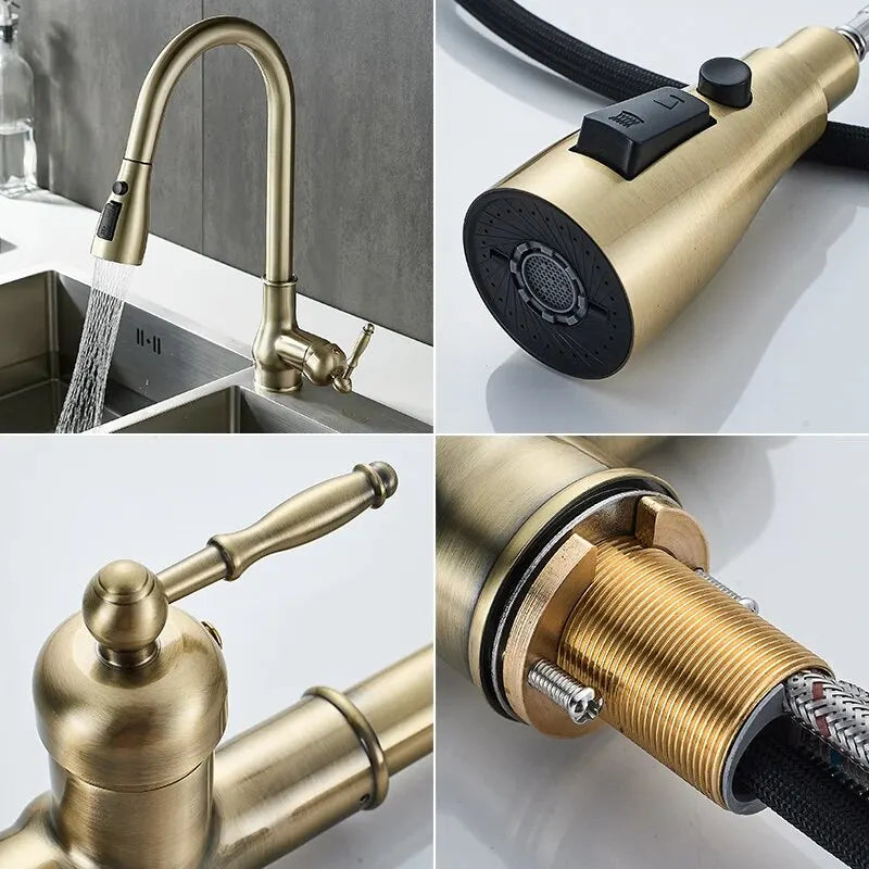 Kitchen Faucets Pull Out Antique Bronze Kitchen Sink Water Mixer Tap Crane Faucet Hot Cold with Sprayer EL9021