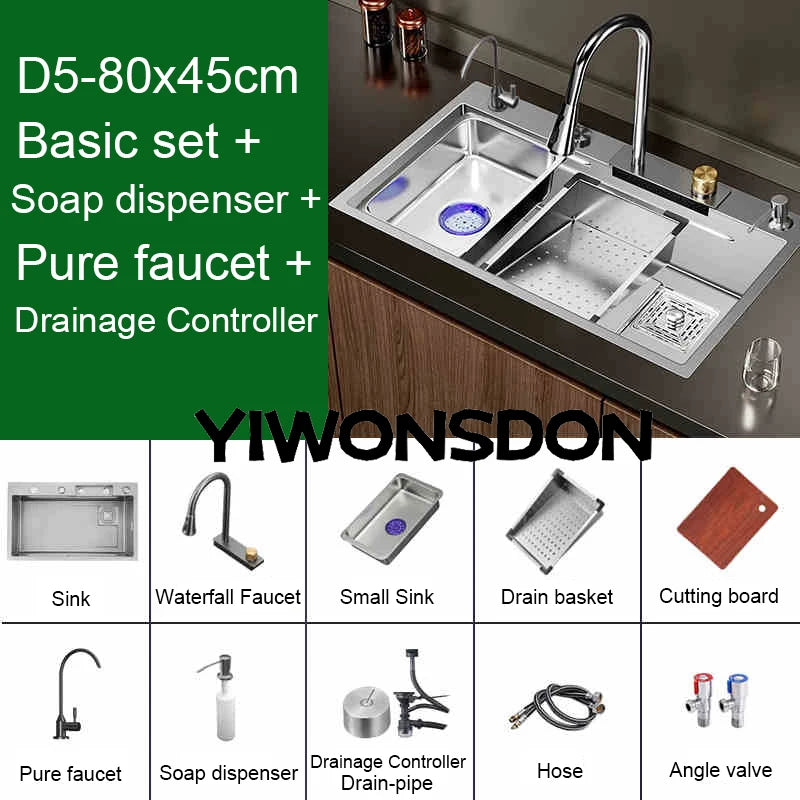 Multifunction Brushed Nano Kitchen Sink Waterfall Faucet Large Single Bowl Cup Washer Pure Tap Soap Dispenser Stainless Steel