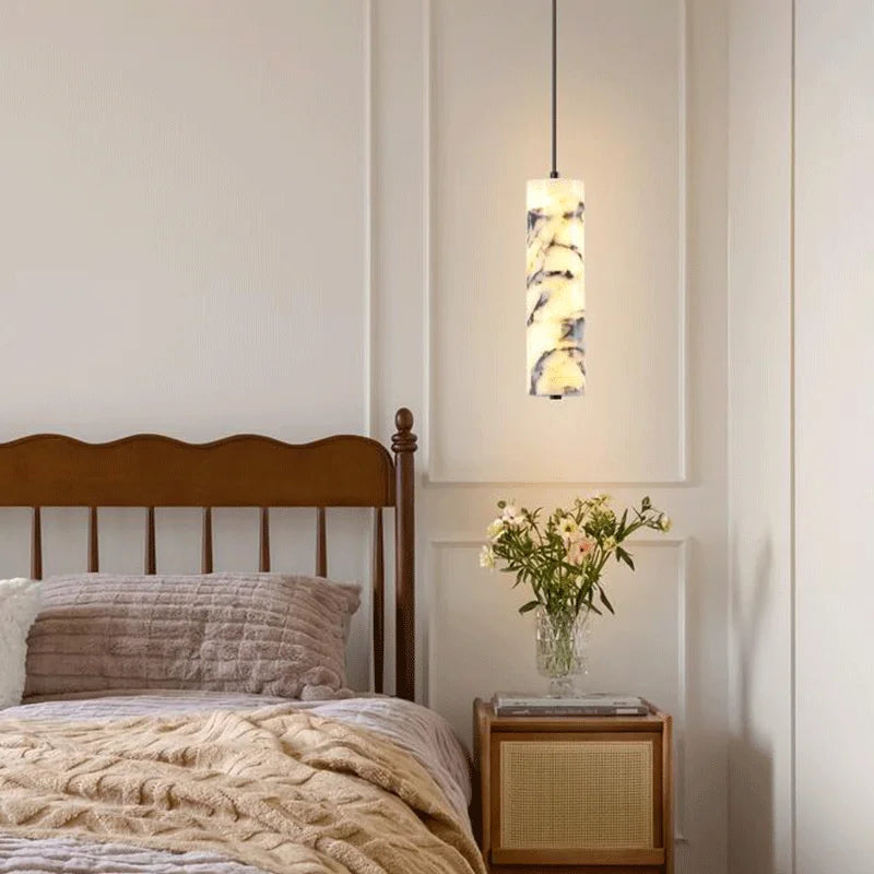 Luxury Black Cylinder Natural Stone Pendant Lamp High-end Bedside LED Chandelier Living room Decoration Home Hanging Lights