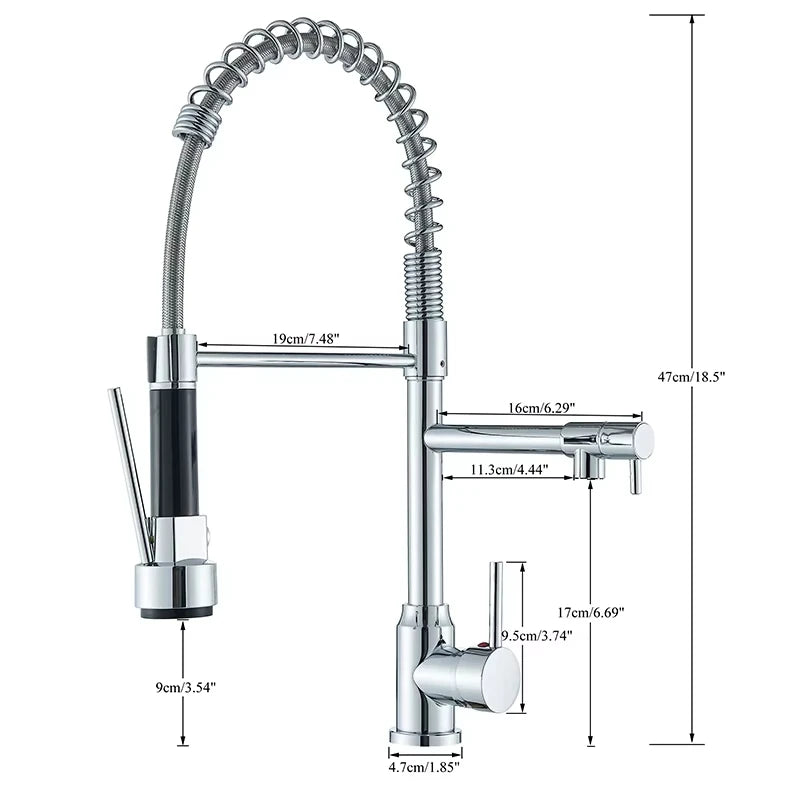 Black/Silver Kitchen Faucet with Pull-Down Sprayer, Deck Mount Hot and Cold Water Mixer Faucet, Dual Spout Faucet, Crane