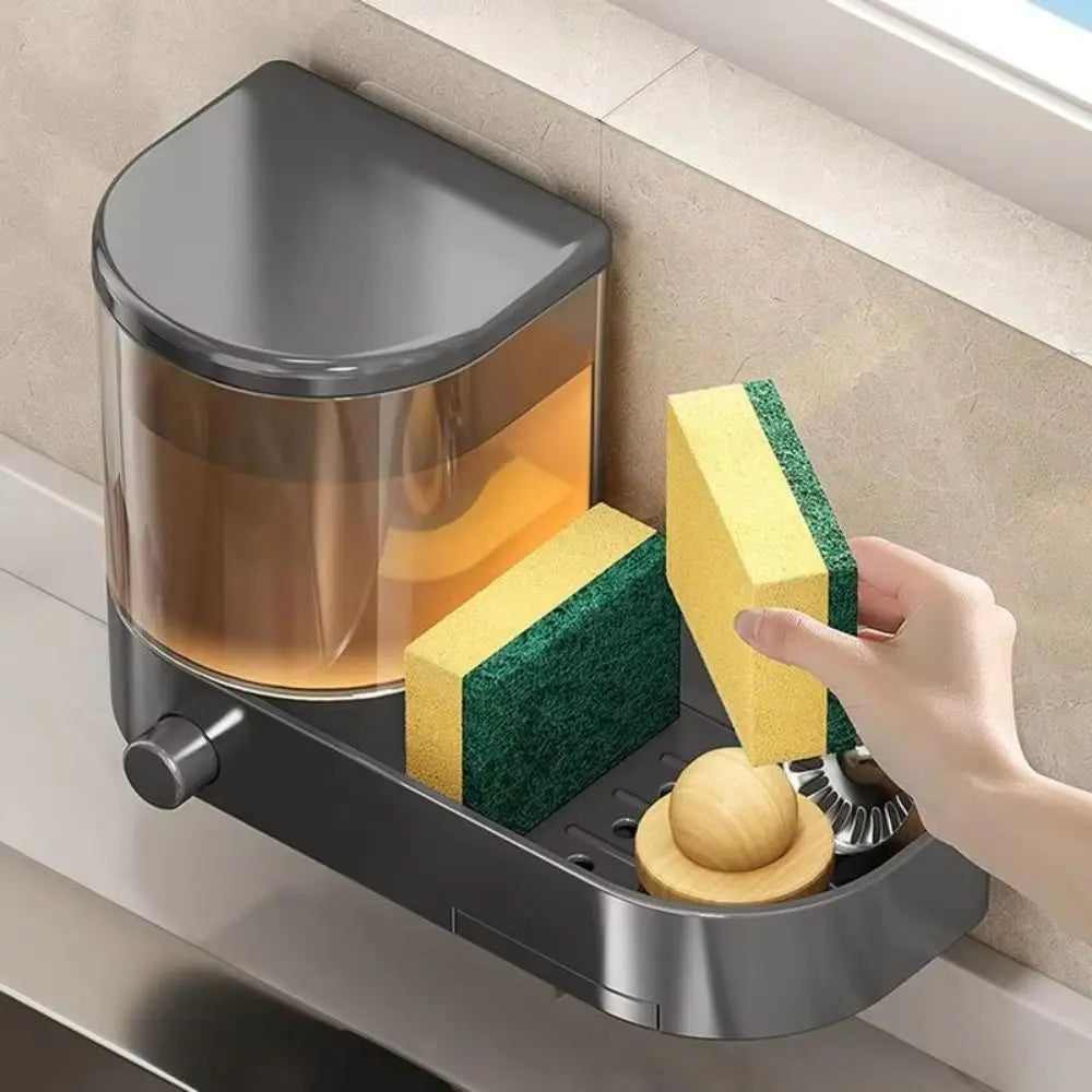 with Drain Tray Wall Mounted Soap Dispenser with Sponges Holder Hand Press Dishwashing Liquid Holder Space Saving