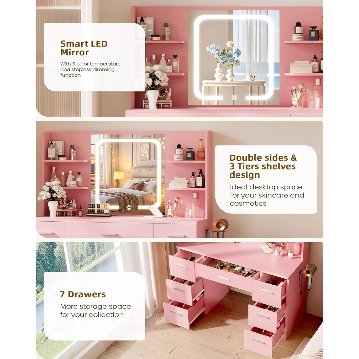 Large Makeup Vanity Desk. Pink, 43.3'Wx15.7'Dx53.2'H (Samrt LED Mirror, 4 Open Shelves, 7 Drawers, Hairdryer Rack, Power-Outet)