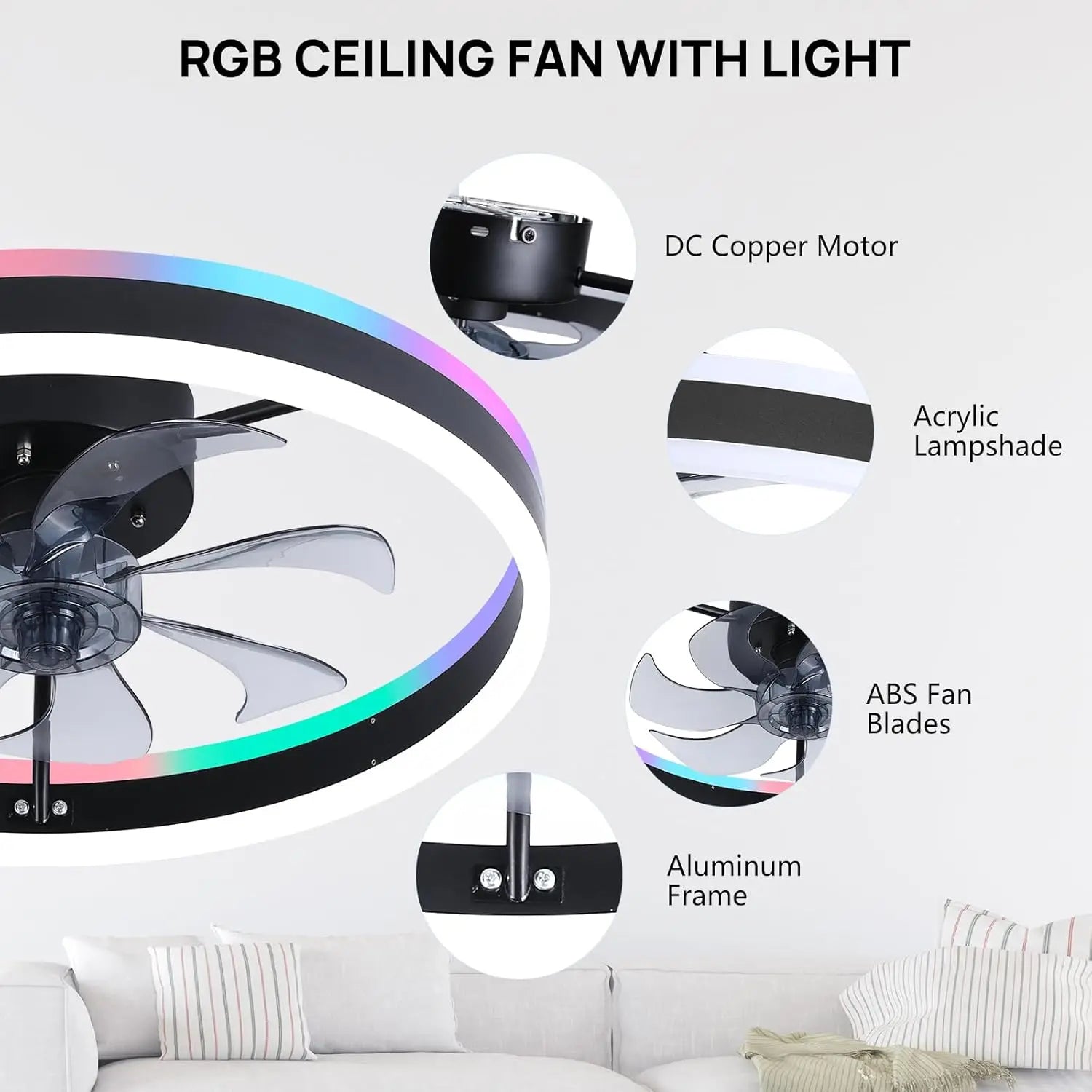RGB TUYA Modern Ceiling Fan (With Lighting) Silent LED Dimmable Ceiling Fan (With Remote Control) for Bedroom Study Dining Room