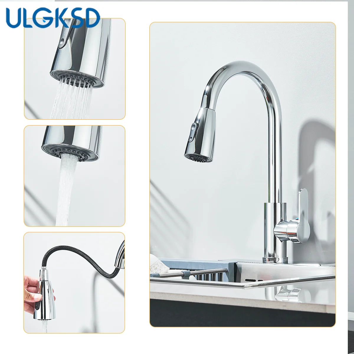 Chrome Home Kitchen Sink Pull-Out Tap Single Handle Cold and Hot Single Handle Deck 360 ° Optional Crane 2 Function Spray Faucet