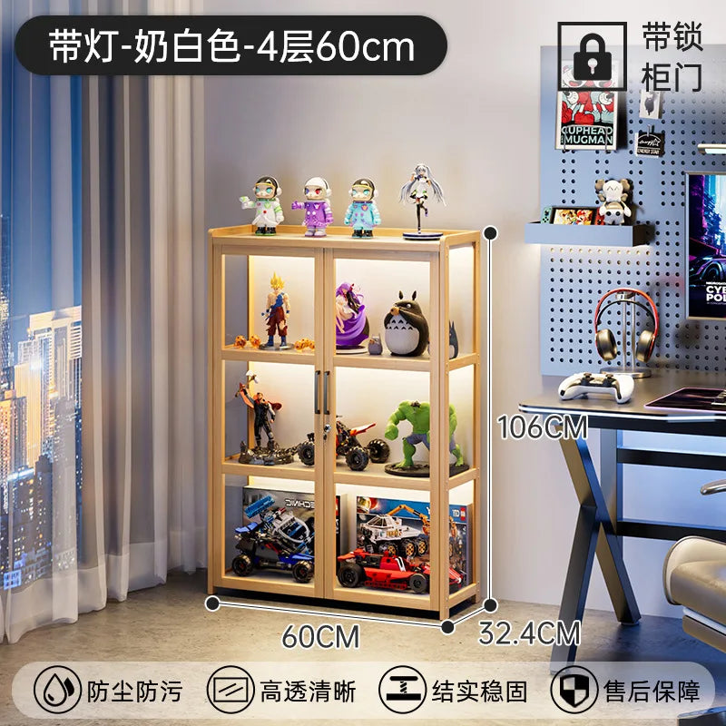 Display Cabinet Acrylic Curio Cabinet with Lock Glass Display Cabinet Natural Bamboo  Glass Cabinet Easy to Install，With Lights