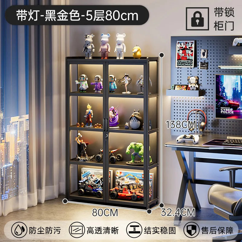 Display Cabinet Acrylic Curio Cabinet with Lock Glass Display Cabinet Natural Bamboo  Glass Cabinet Easy to Install，With Lights