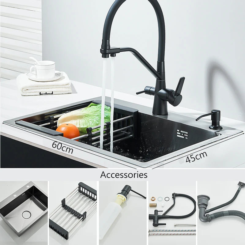 304 Stainless Steel Waterfall Kitchen Sink Large Single Slot Integrated 60X45cm Faucet Set Soap Dispenser Pure Water Tap