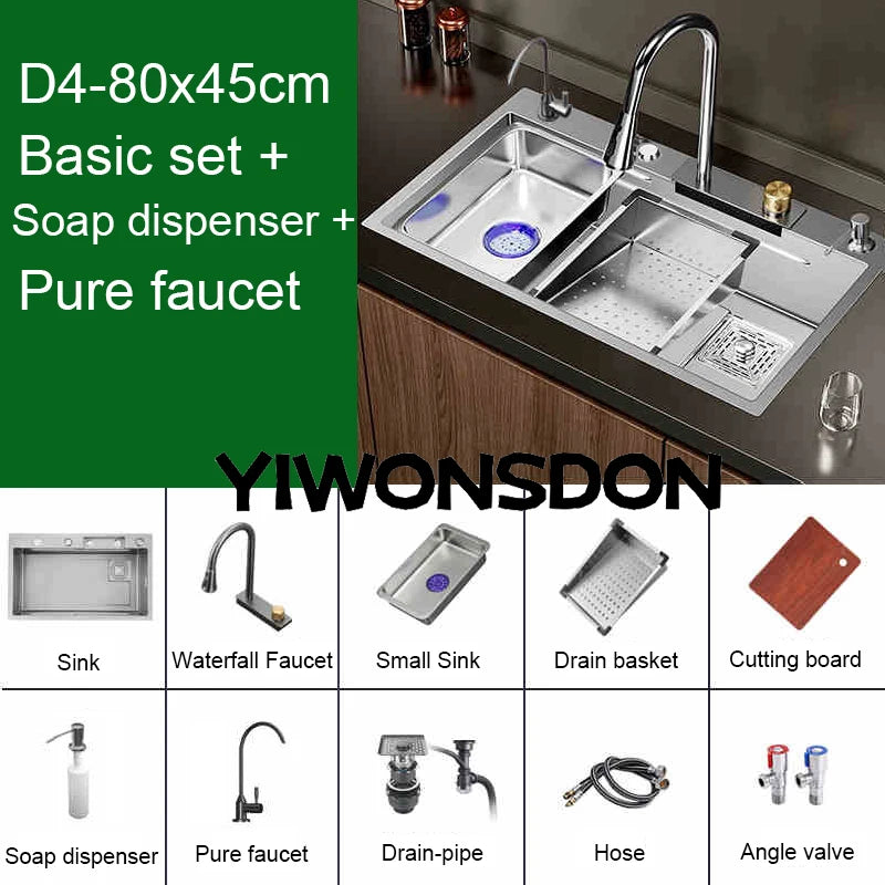 Multifunction Brushed Nano Kitchen Sink Waterfall Faucet Large Single Bowl Cup Washer Pure Tap Soap Dispenser Stainless Steel