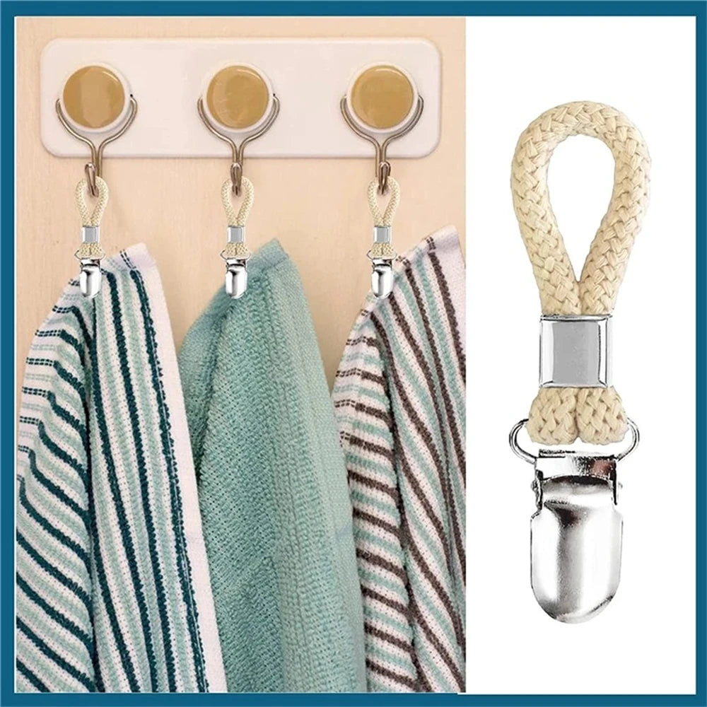 Packs Hanging Tea Towel Clips Towel Hangers Rack Hand Towel Hook Cloth Hanger Holder Brackets Braided Cotton Loop