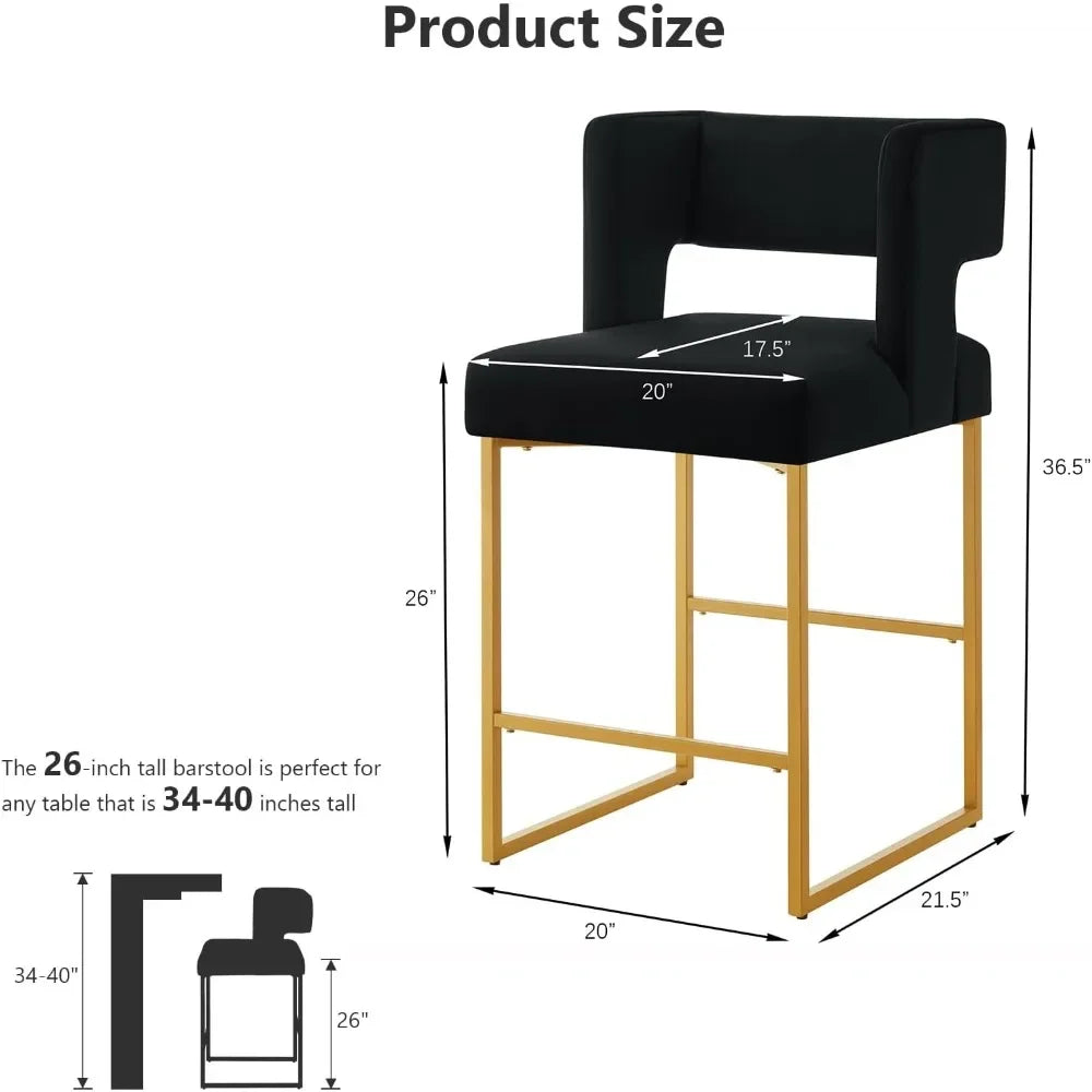 26" H Counter Height Bar Stools Set of 4, Modern Velvet Bar Stools with Square Open Backrest and Gold Metal Frame