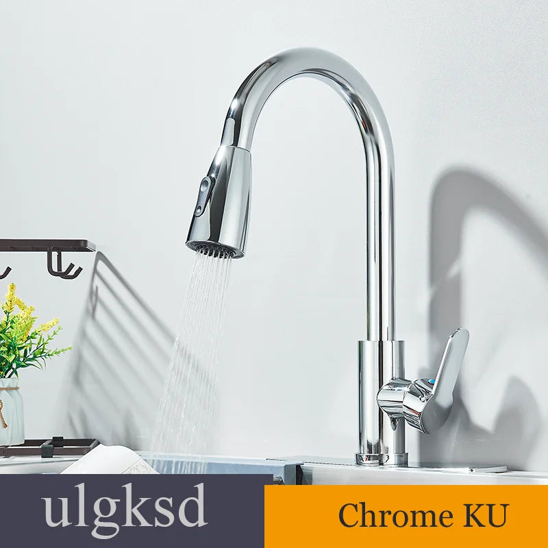 Chrome Home Kitchen Sink Pull-Out Tap Single Handle Cold and Hot Single Handle Deck 360 ° Optional Crane 2 Function Spray Faucet