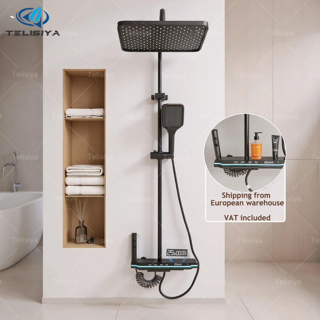 Bathroom Shower Set Digital Display Showers Hot Cold Wall-Mounted Rainfall Bathtub Showers Faucet Set