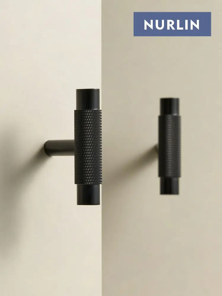Nurlin Solid Brass Kitchen Furniture Handles Modern Knurled Patter Antique Matt Brass Black Color Cabinet Knobs T-Bar Pull