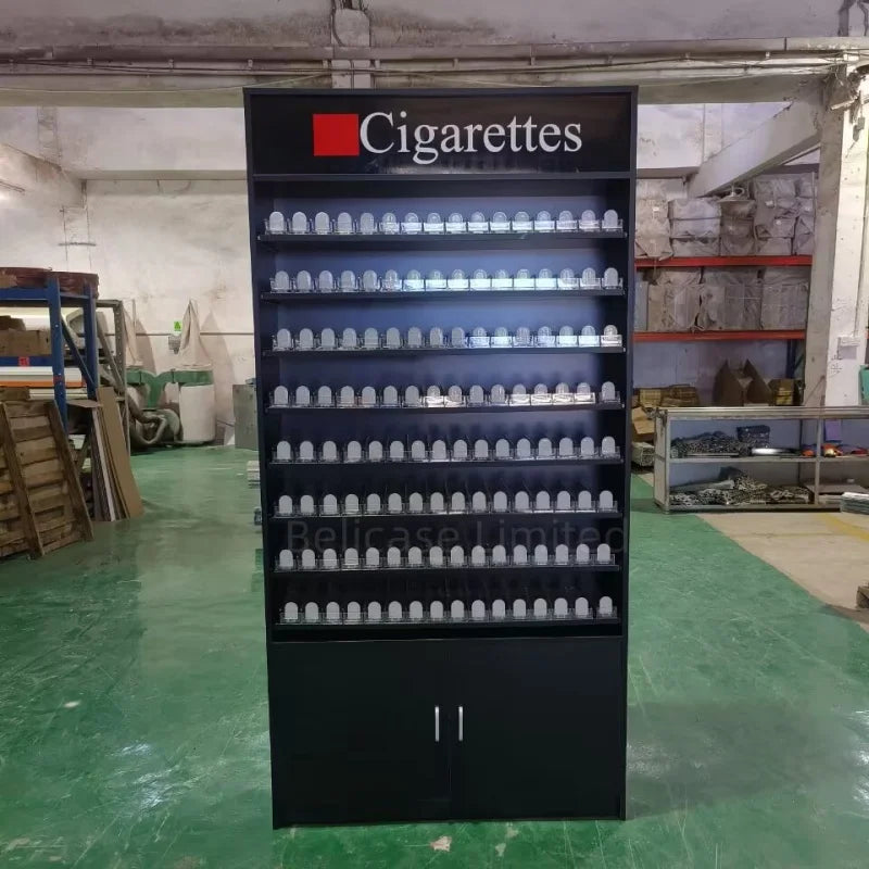 custom，Smoke Shop Fittings Cigarettes Shelves Tobacco Display Stand with Storage Cabinet Led Lighting Tobacco Store Ra