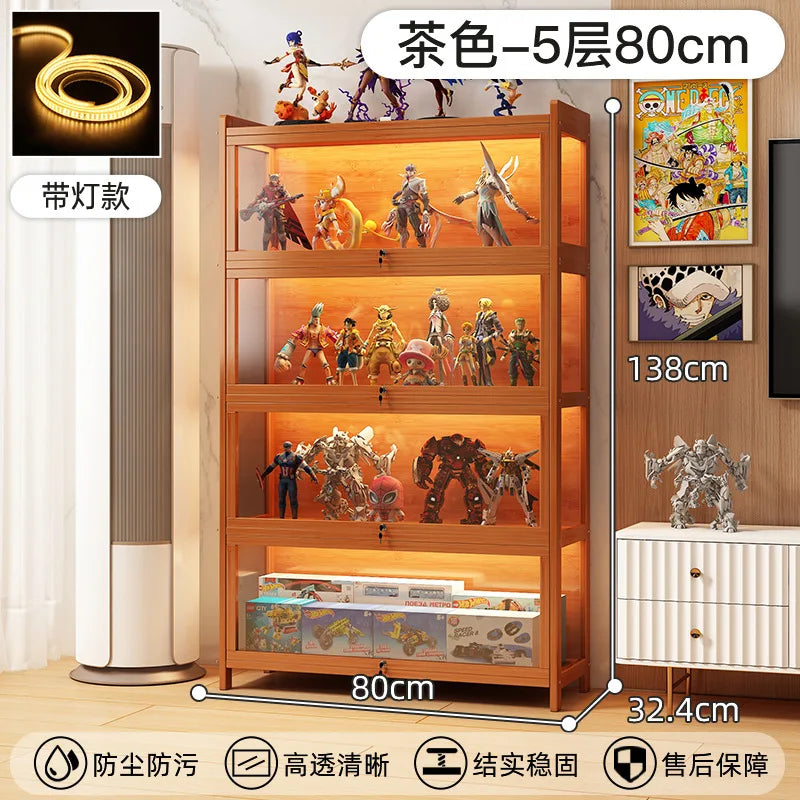 Display Cabinet Acrylic Curio Cabinet with Lock Glass Display Cabinet Natural Bamboo  Glass Cabinet Easy to Install，With Lights