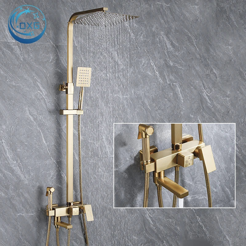 OXG Brushed Nickel Gold Shower Faucet Bathroom Shower Mixer Crane Shower System Rainfall Shower Set Rain Column Bidet Faucet