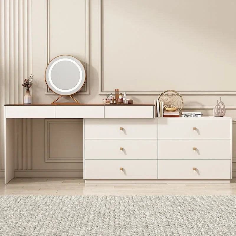 Modern Vanity Desk with LED Lighted Mirror, Luxury Corner Makeup Vanity Table 6 Drawers and Large Storage Dressing Table Shelves