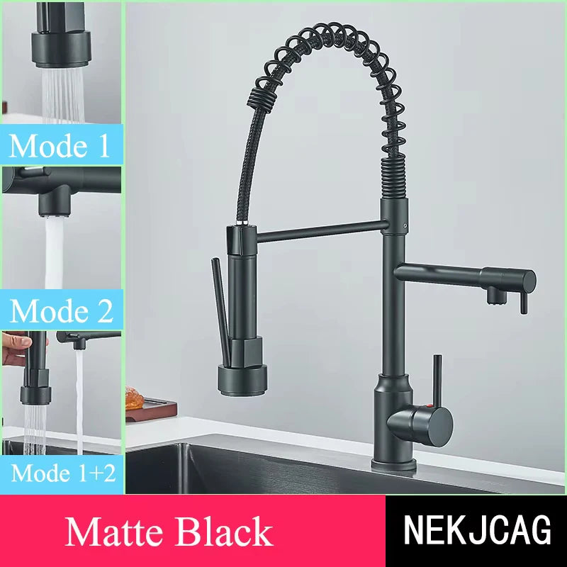 Black/Silver Kitchen Faucet with Pull-Down Sprayer, Deck Mount Hot and Cold Water Mixer Faucet, Dual Spout Faucet, Crane