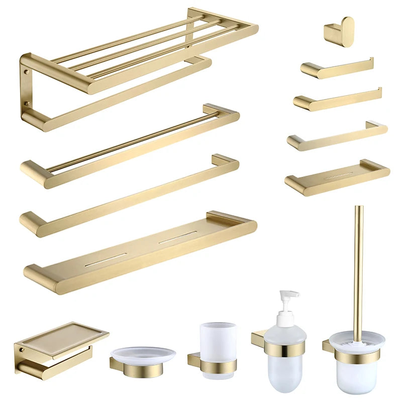 Bathroom Accessories Hardware Set Brushed Gold Robe Hook Towel Rail Bar Rack Toilet Brush Tissue Paper Holder Soap Dish Shelf