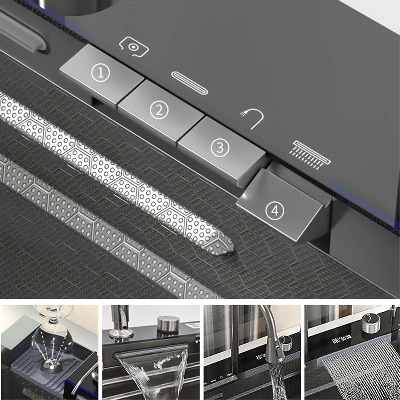 YCRAYS White Nano Kitchen Sink Large Single Slot Waterfall Integrated Digital Display Faucet Soap Dispenser Cup Washer Pure Tap