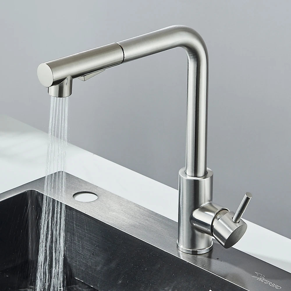 Pull Out Kitchen Sink Faucet High Pressure Two Model Stream Sprayer Nozzle Stainless Steel Tap Deck Install Hot and Cold Water