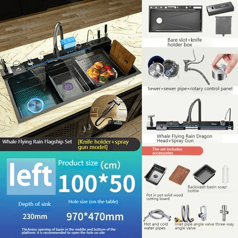 Gloden Stainless Steel Waterfall Kitchen Sink with Faucet Digital Display Multifunctional  Large Single Slot Dishwashing Basins