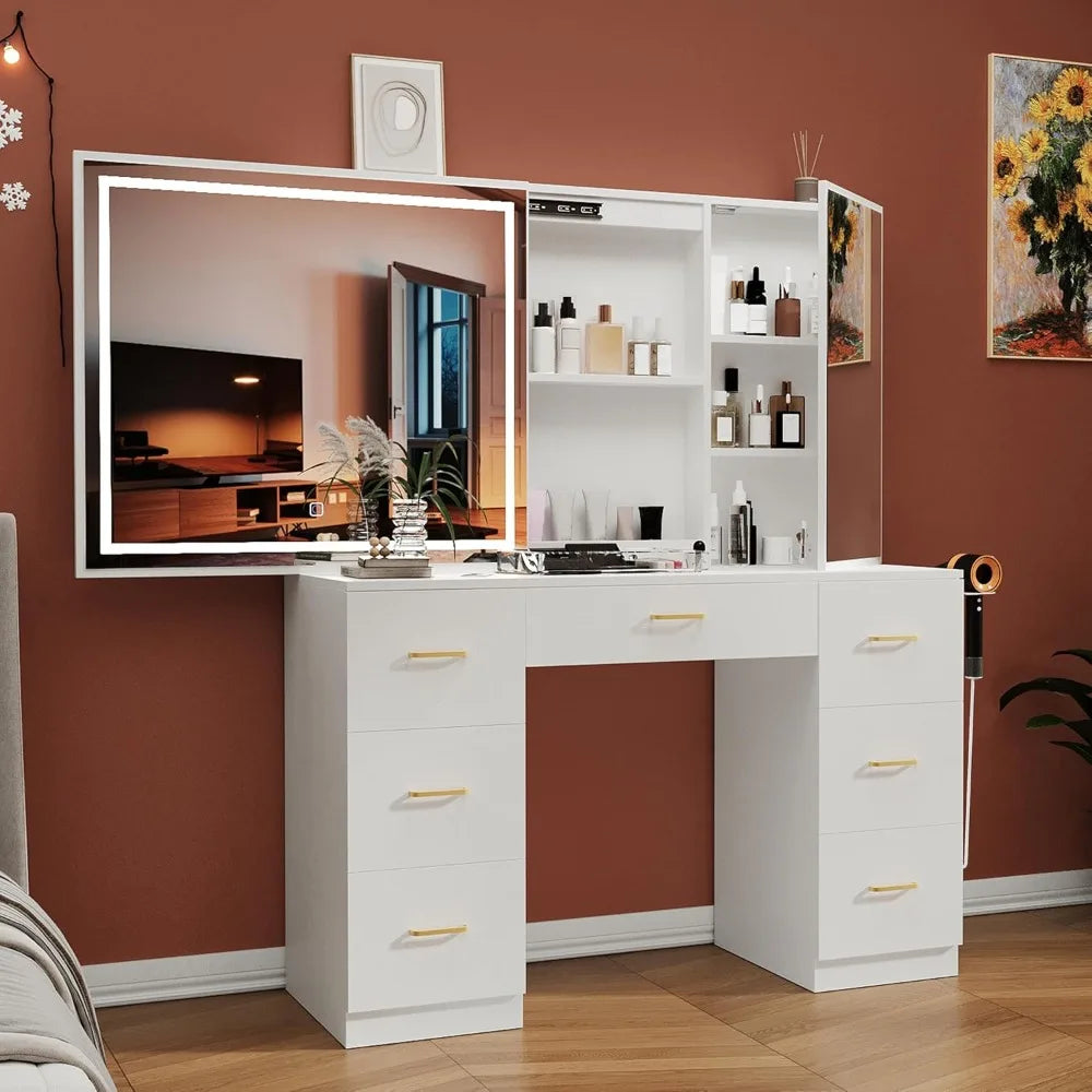 Vanity Desk with Lighted Mirror and Charging Station&Glass Tabletop, Sliding Mirror Makeup Vanity Table, Dressing Table